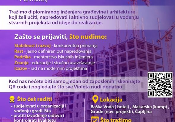Violeta zapošljava: Traže se diplomirani inženjeri građevine i arhitekture za rad na projektima u BiH i Hrvatskoj