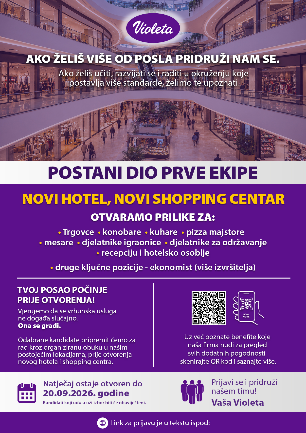 Violeta zapošljava za novi shopping centar: Traže trgovce, kuhare, konobare i brojne druge djelatnike